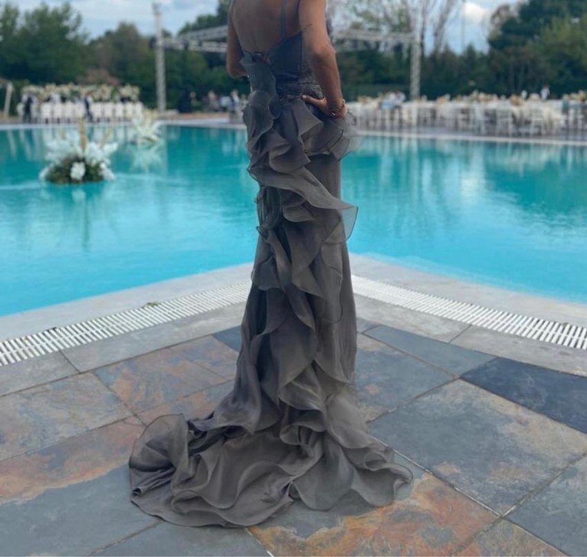 Straplez Gri Uzun Abiye Elbise - Görsel 3