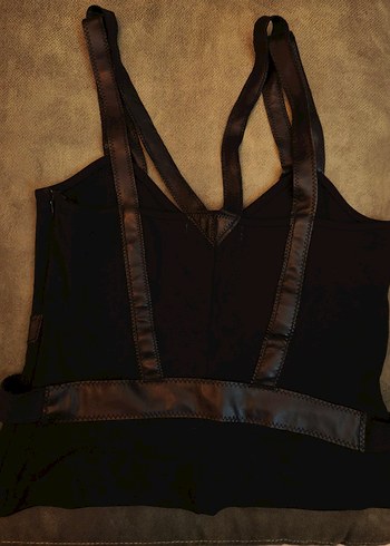 Siyah Deri Kemerli V Yaka Strappy Bustier - Görsel 4