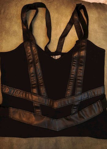 Siyah Deri Kemerli V Yaka Strappy Bustier - Görsel 2