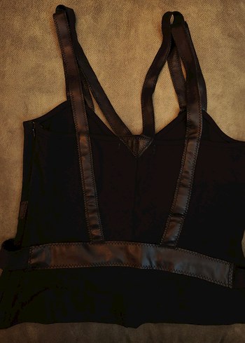 Siyah Deri Kemerli V Yaka Strappy Bustier - Görsel 3