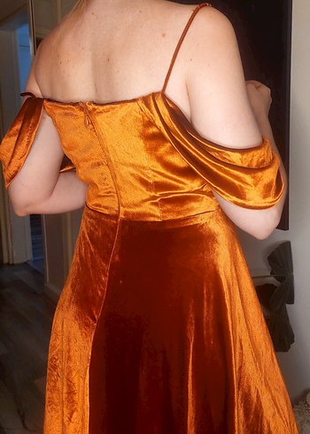 Parlak Turuncu Drapeli Midi Elbise - Görsel 5