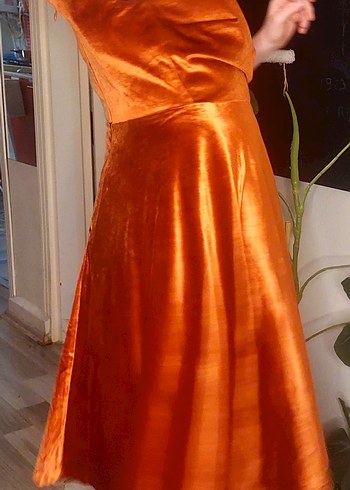 Parlak Turuncu Drapeli Midi Elbise - Görsel 8