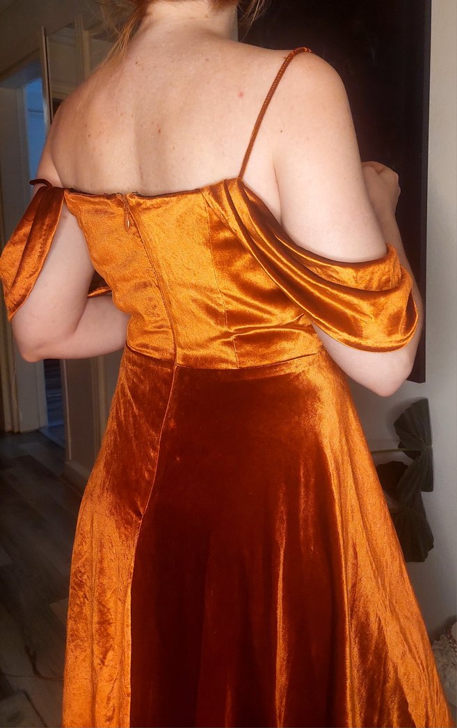 Parlak Turuncu Drapeli Midi Elbise - Görsel 5