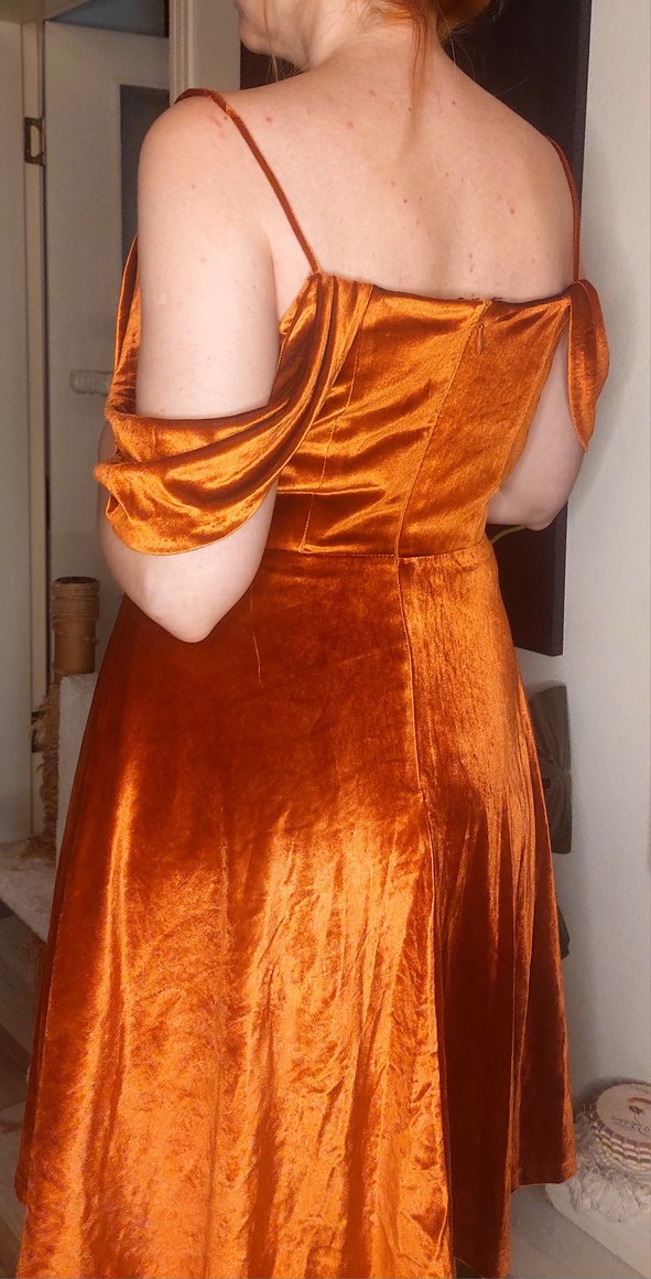 Parlak Turuncu Drapeli Midi Elbise - Görsel 2