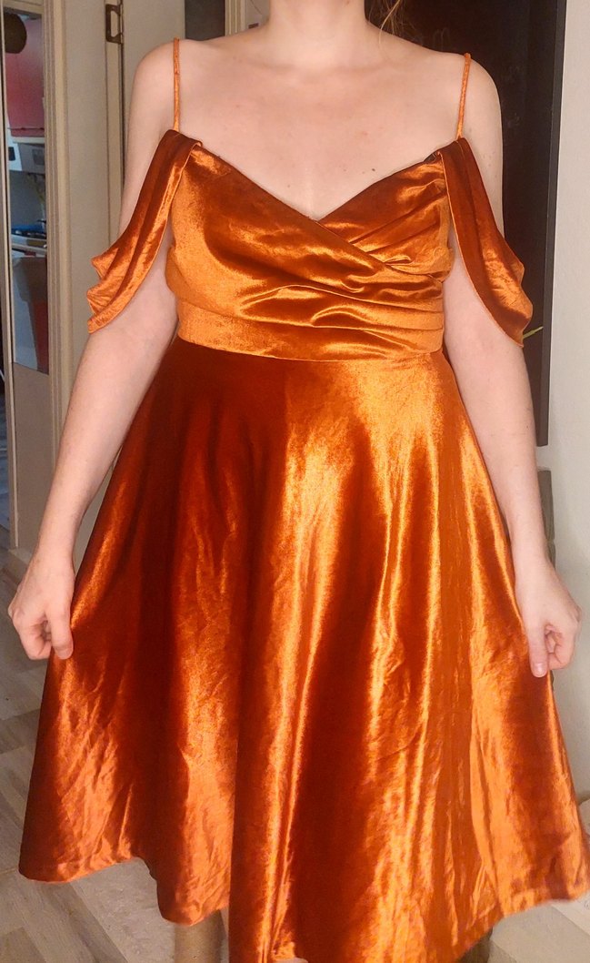 Parlak Turuncu Drapeli Midi Elbise - Görsel 3