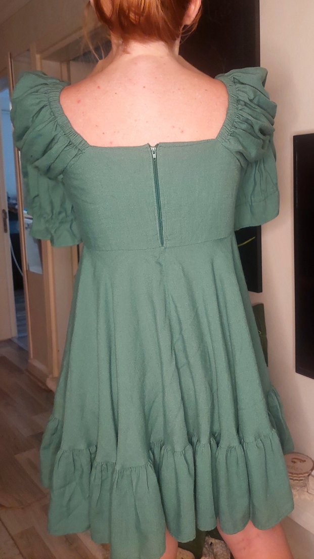 Yeşil Fırfırlı Mini Bohem Elbise - Görsel 5