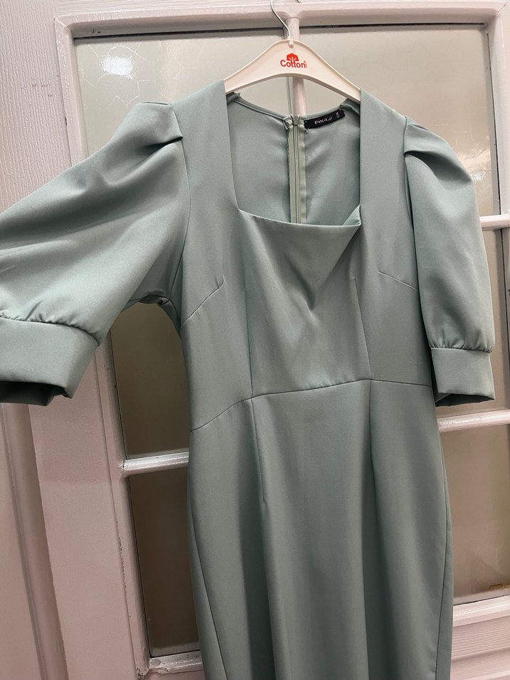 Drapeli V Yaka Uzun Klasik Elbise - Görsel 2