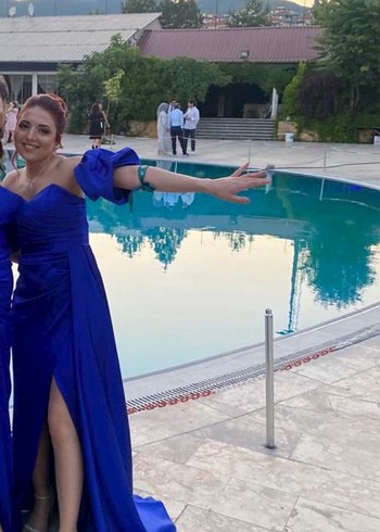 Parlak Mavi Drapeli Uzun Abiye Elbise - Görsel 4