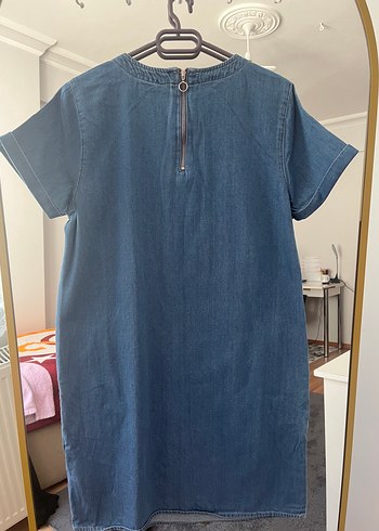 36 Beden Mavi Denim Midi Kısa Kollu Rahat Elbise