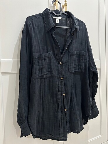 H&M Hm siyah keten gömlek