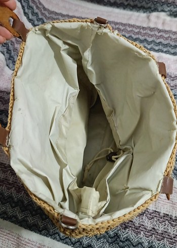 Bej Örgü Kadın El Çantası Ahşap Saplı - Görsel 3