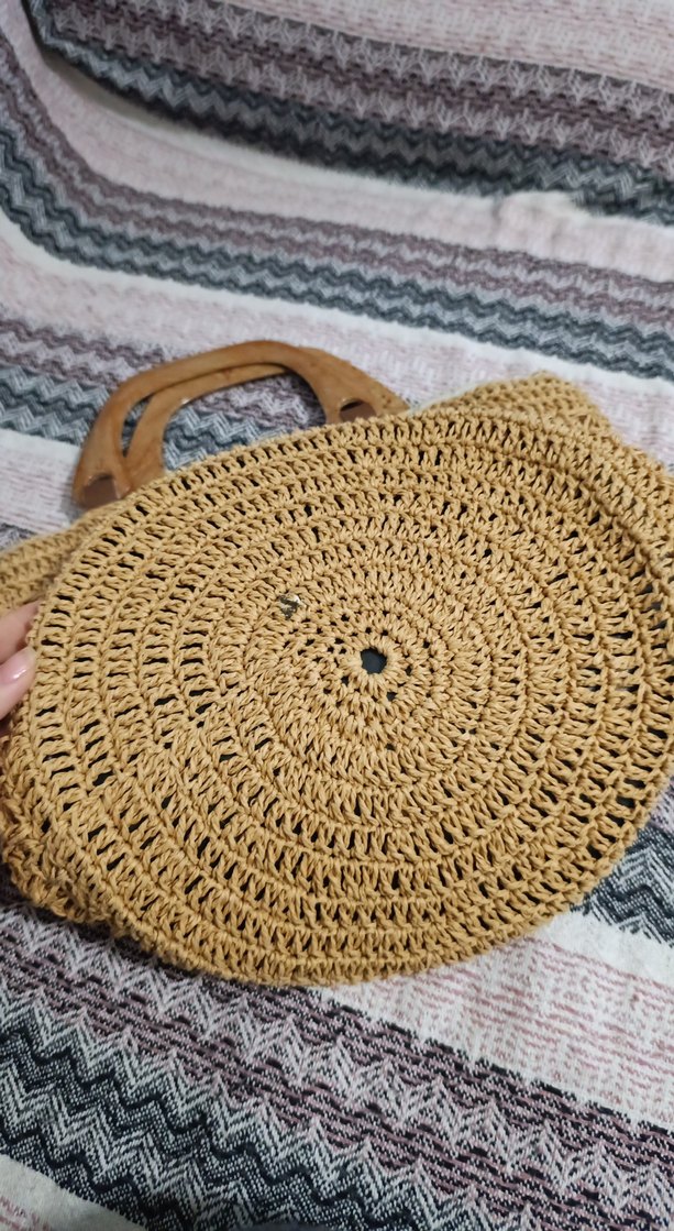 Bej Örgü Kadın El Çantası Ahşap Saplı - Görsel 2