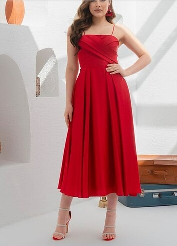 Kırmızı saten elbise midi boy 38 beden miss carmen
