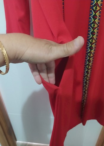 Kadın Kırmızı Nakışlı Bohem Uzun Kap - Görsel 6