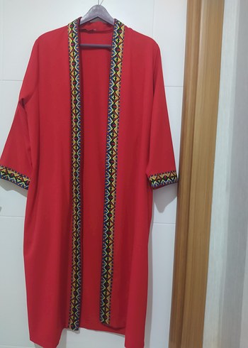 Kadın Kırmızı Nakışlı Bohem Uzun Kap - Görsel 2