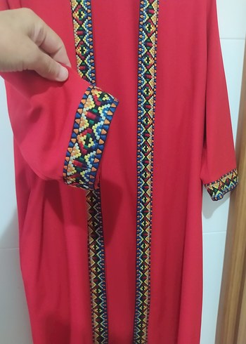 Kadın Kırmızı Nakışlı Bohem Uzun Kap - Görsel 3