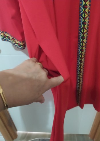 Kadın Kırmızı Nakışlı Bohem Uzun Kap - Görsel 5