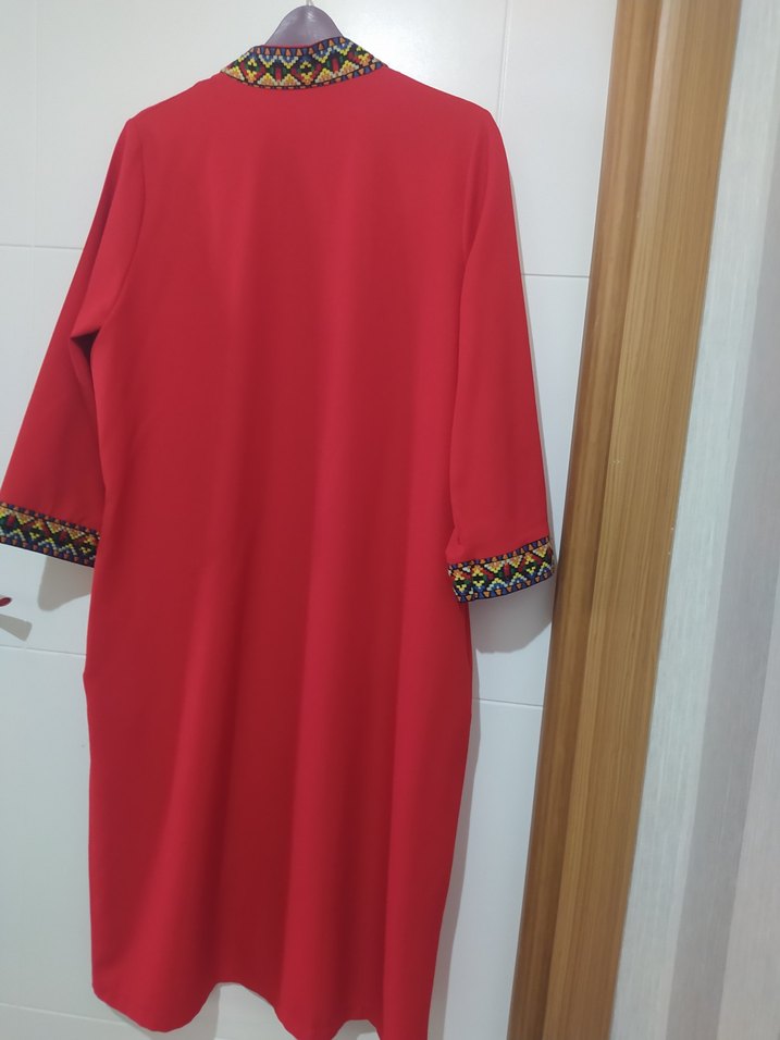 Kadın Kırmızı Nakışlı Bohem Uzun Kap - Görsel 4