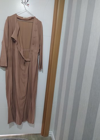 Bej Uzun Keten tulum., Düğmeli, Bol Kesim - Görsel 7