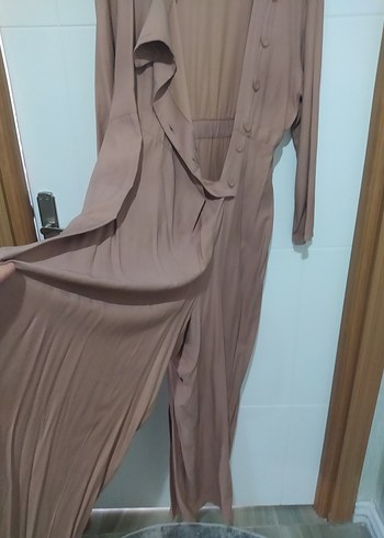 Bej Uzun Keten tulum., Düğmeli, Bol Kesim - Görsel 6