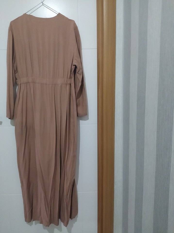 Bej Uzun Keten tulum., Düğmeli, Bol Kesim - Görsel 5