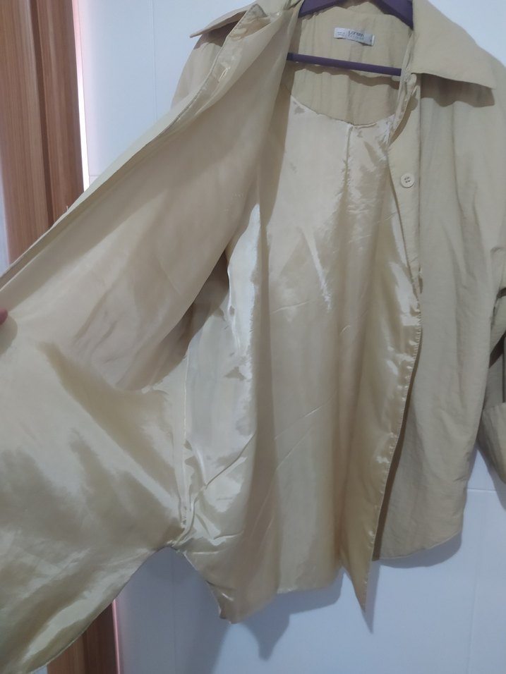 Bej Keten Düğmeli Kadın Gömlek - Görsel 2