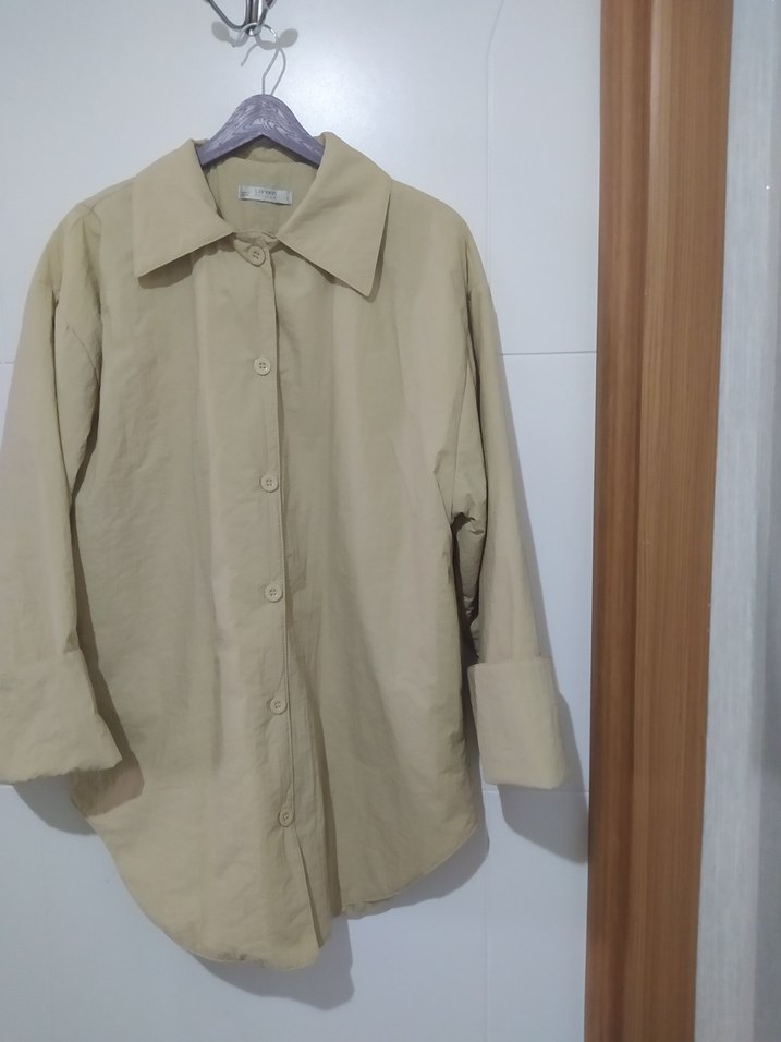 Bej Keten Düğmeli Kadın Gömlek - Görsel 5