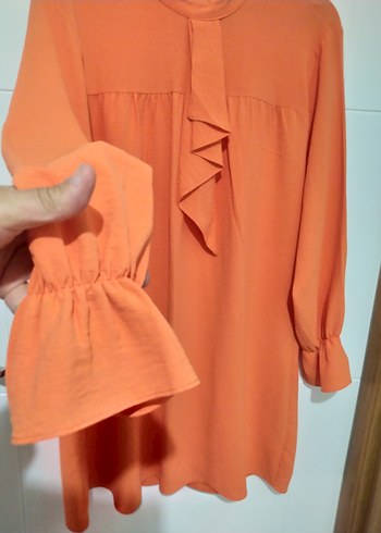 Turuncu, Fırfırlı, Uzun Kollu Kadın Tunik - Görsel 3