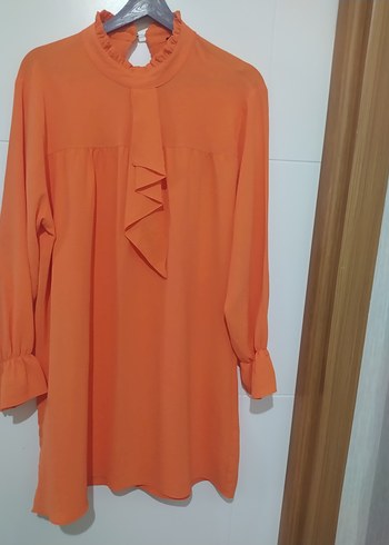 Turuncu, Fırfırlı, Uzun Kollu Kadın Tunik - Görsel 2