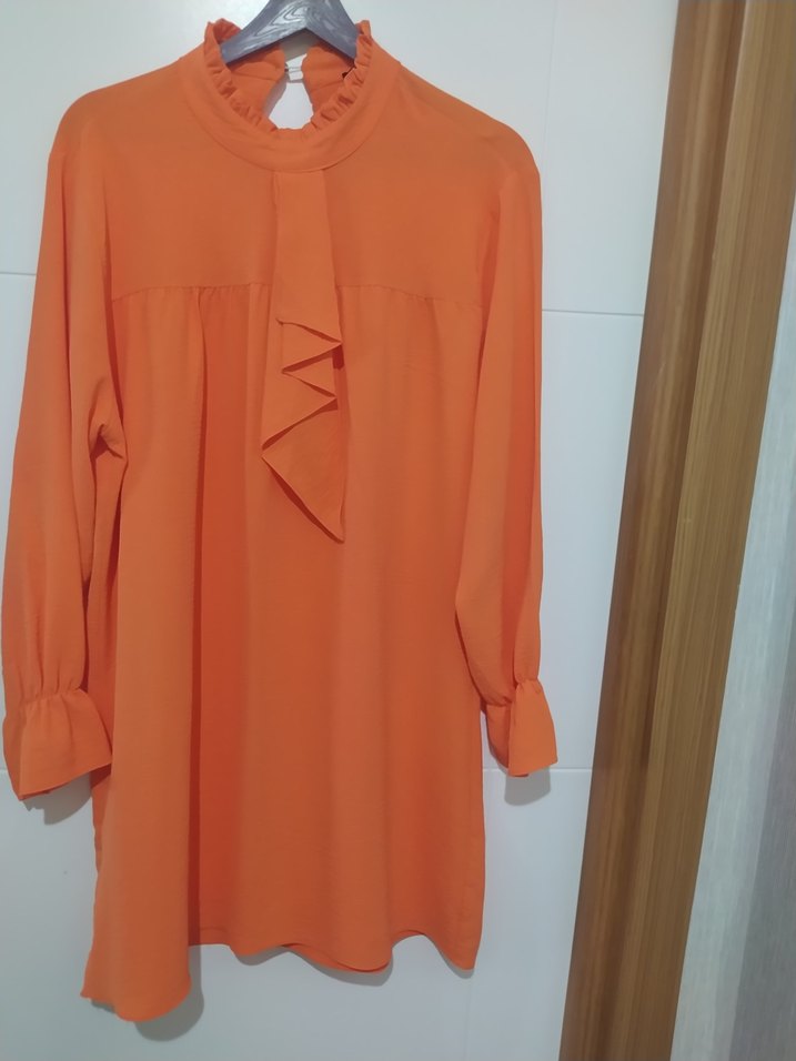 Turuncu, Fırfırlı, Uzun Kollu Kadın Tunik - Görsel 2