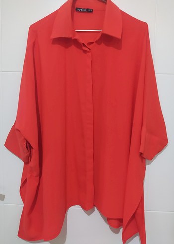 Kırmızı Salaş Midi Kadın Gömlek - Görsel 7