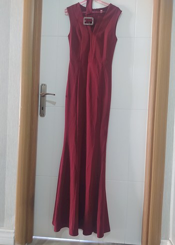 Bordo Kemerli Uzun Abiye Elbise - Görsel 11