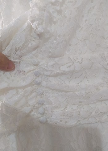 Uzun V Yakalı Beyaz Dantel elbise - Görsel 13