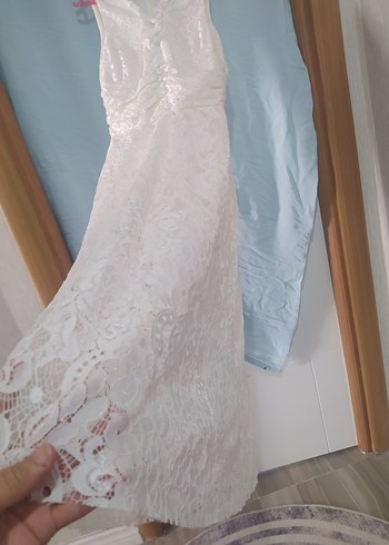 Uzun V Yakalı Beyaz Dantel elbise - Görsel 5