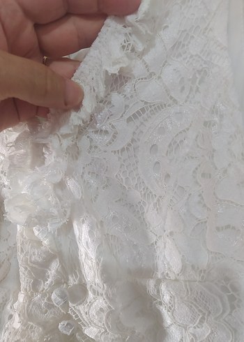 Uzun V Yakalı Beyaz Dantel elbise - Görsel 6