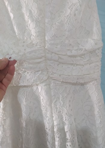 Uzun V Yakalı Beyaz Dantel elbise - Görsel 9