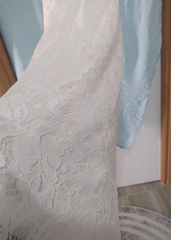 Uzun V Yakalı Beyaz Dantel elbise - Görsel 11