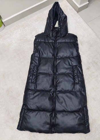 Siyah Kapüşonlu Uzun Kadın Yelek - Görsel 10