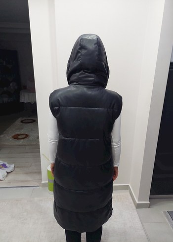 Siyah Kapüşonlu Uzun Kadın Yelek - Görsel 5