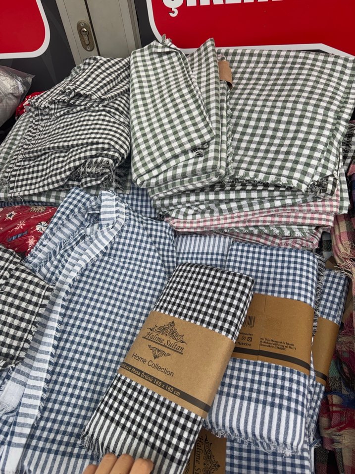 Bohem Kareli Mutfak Masa Örtüsü - Bej Gri - Görsel 2