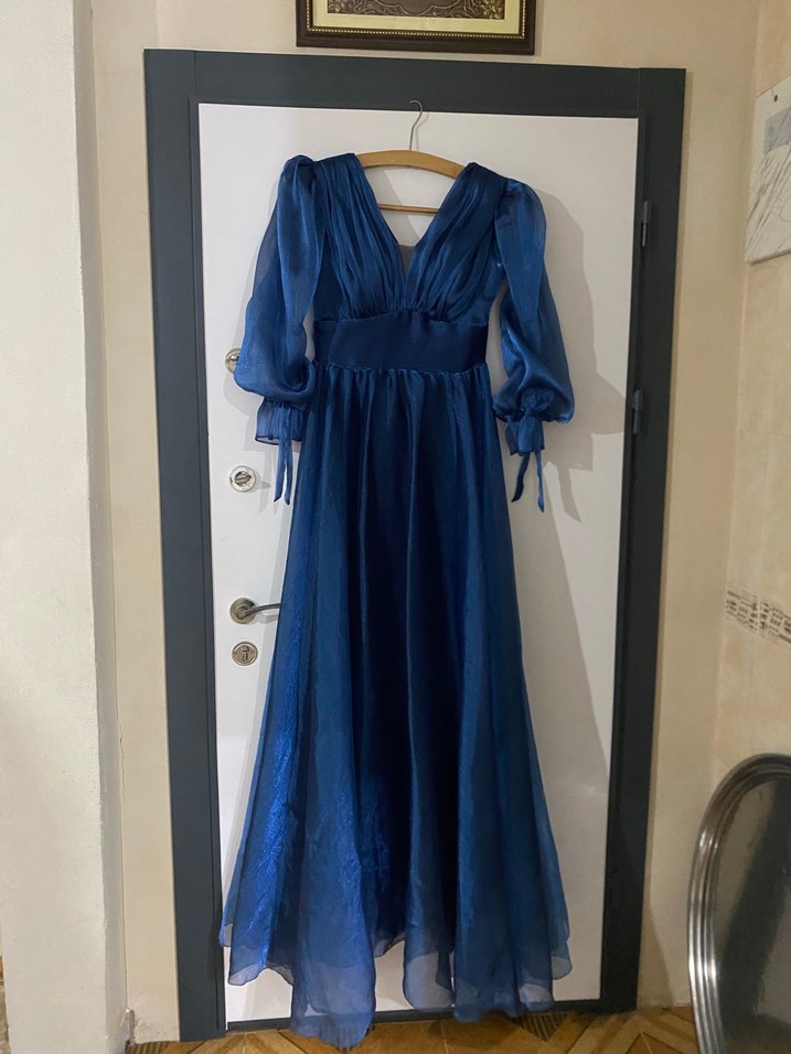 Uzun V Yakalı Mavi Kadın Bohem Elbise - Görsel 3