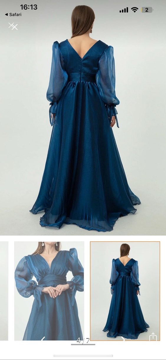 Uzun V Yakalı Mavi Kadın Bohem Elbise - Görsel 2