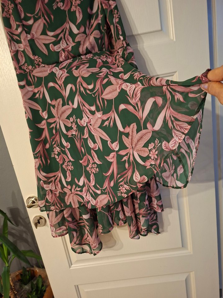 şifon 44,42 beden Yaprak Desenli Midi Salaş Elbise - Görsel 4