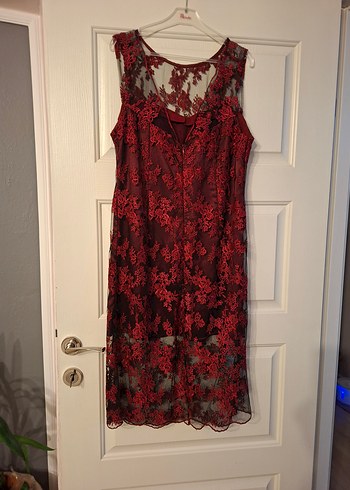 kırmızı Dantelli dizaltı Abiye Elbise - Görsel 2