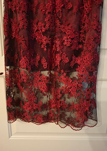 kırmızı Dantelli dizaltı Abiye Elbise - Görsel 3