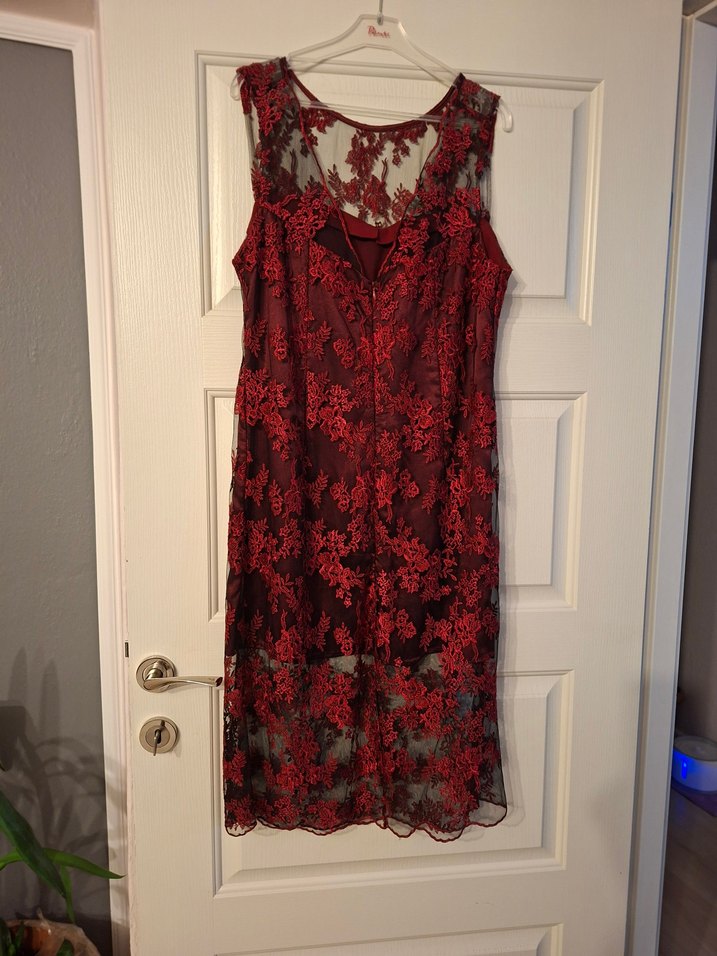 kırmızı Dantelli dizaltı Abiye Elbise - Görsel 2