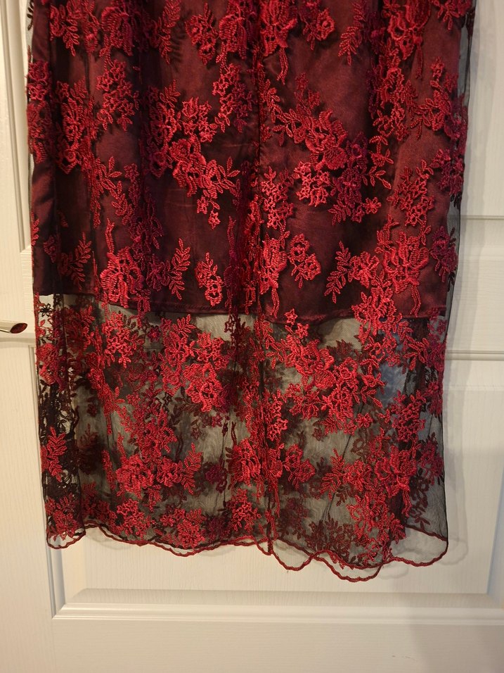 kırmızı Dantelli dizaltı Abiye Elbise - Görsel 3