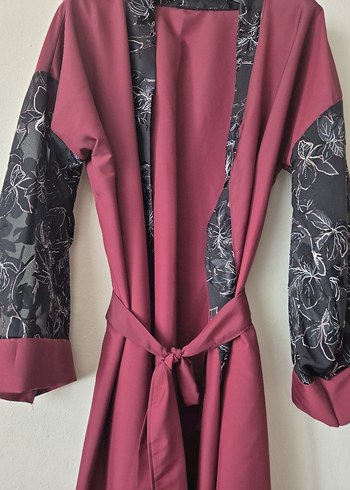 Bordo Uzun Kollu Kadın Uzun Kimono - Görsel 2