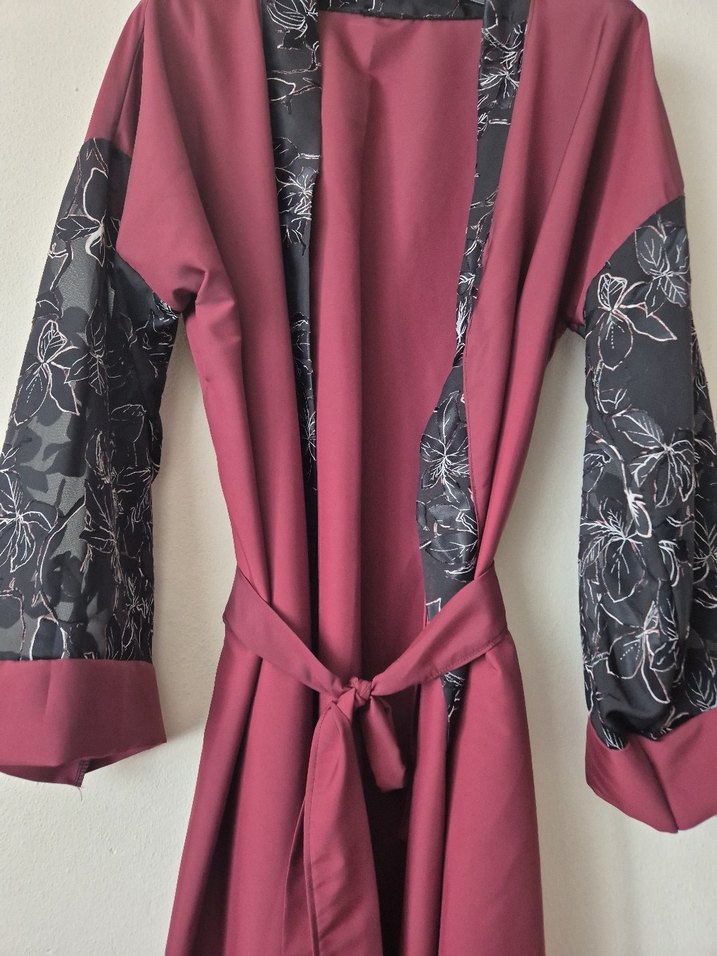 Bordo Uzun Kollu Kadın Uzun Kimono - Görsel 2