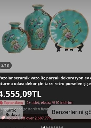 Narin çiçek desenli turkuaz vazolar ve tabak - Görsel 2